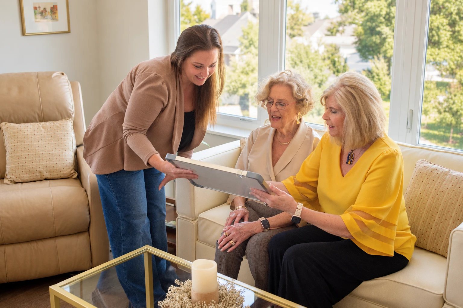 Andrea Dunseth showing a tablet to two women seated on a sofa in a bright living room.